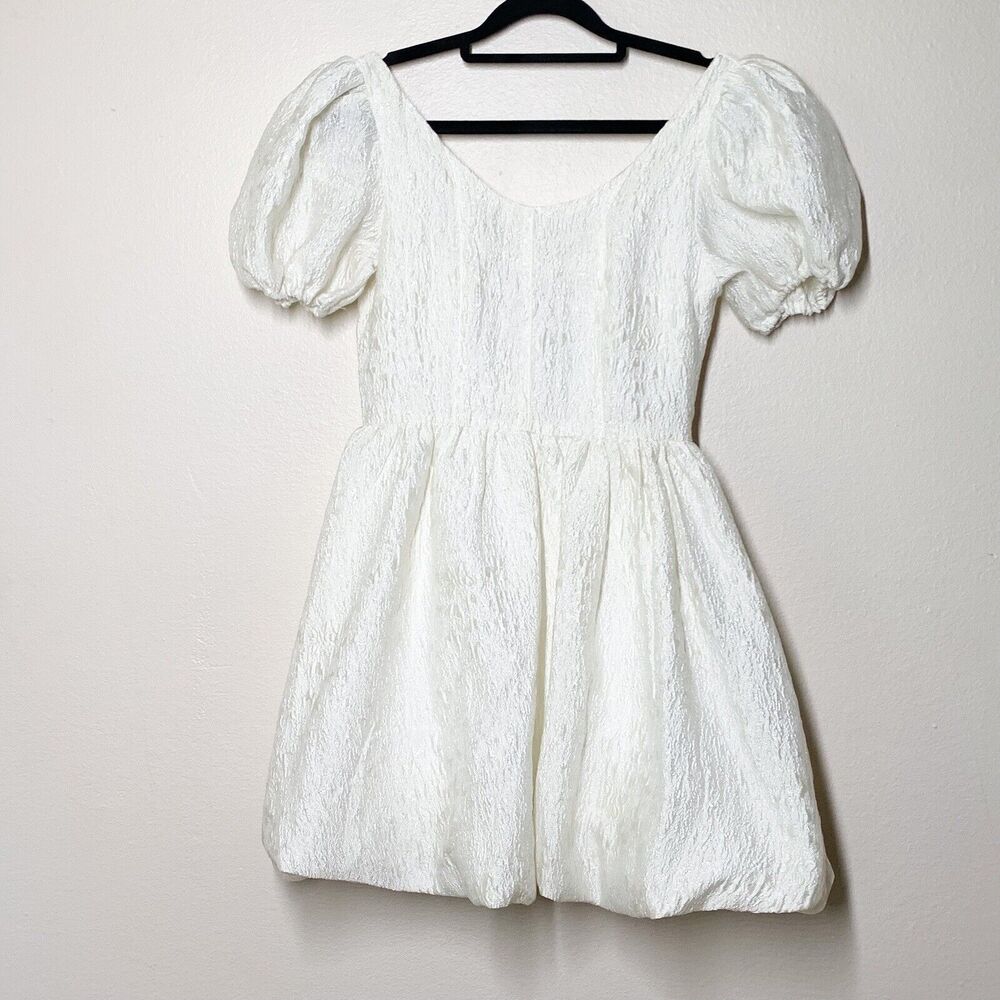 Sister Jane Puff Sleeve Bubble Hem Mini Dress XS Ivory Free People Textured
